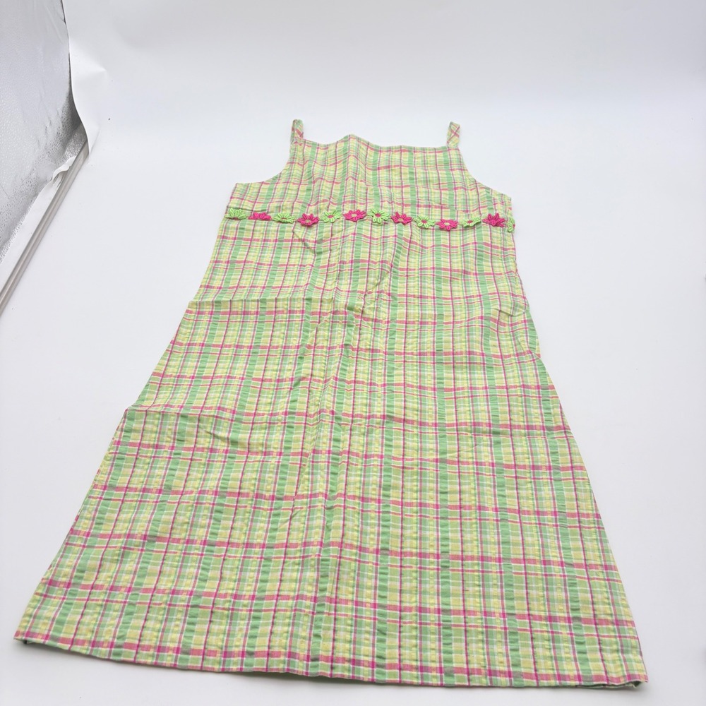 Rare Editions Girls Green Pink Plaid Floral Applique Cotton Sundress Size 16